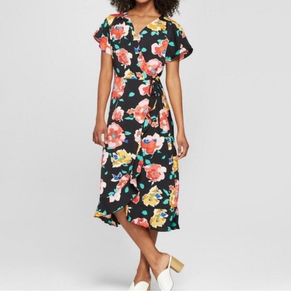 Who What Wear Pink and Orange Wrap Midi Dress V-neck M - Picture 1 of 3